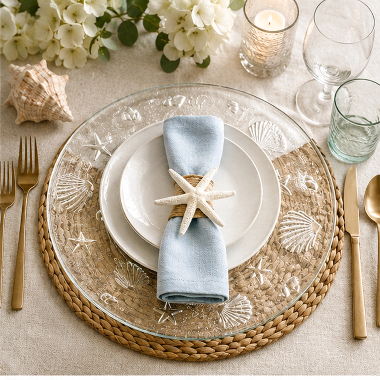 Frosted fossil charger plate in wedding reception tablescape