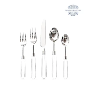 White background product image of The Gemma Collection flatware set featuring polished stainless steel with clear faceted handles.