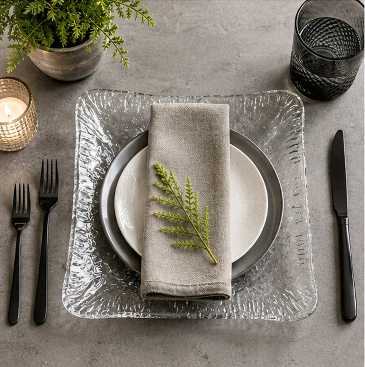 glass plate in charger plate in fine dining setting