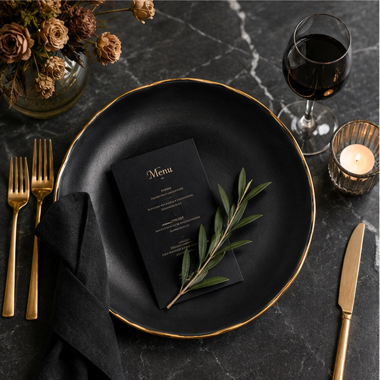 gold rim charcoal charger plate in formal event tablascape