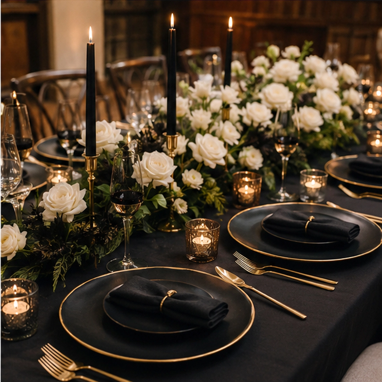 gold rim charcoal charger plate in formal event tablascape
