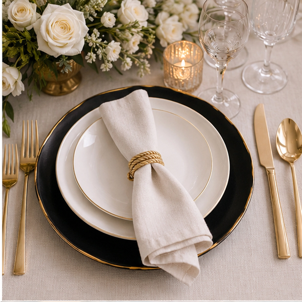 gold rim charcoal charger plate in white and gold theme tablescape