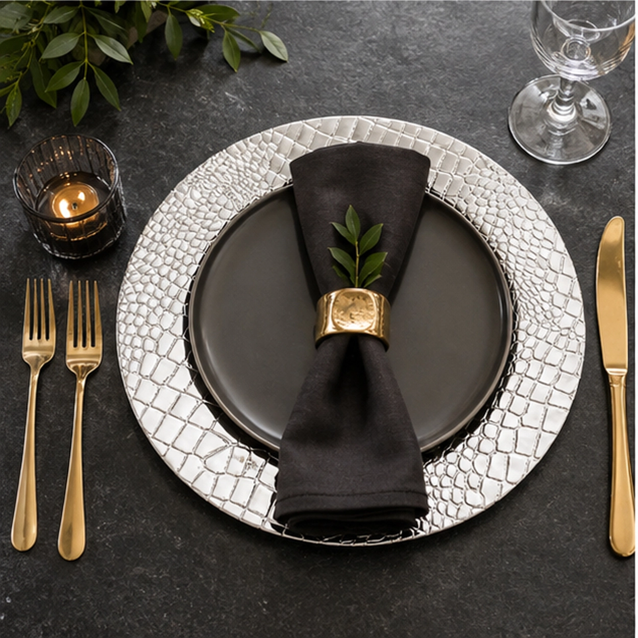 hammered charger plate in fine dining setting
