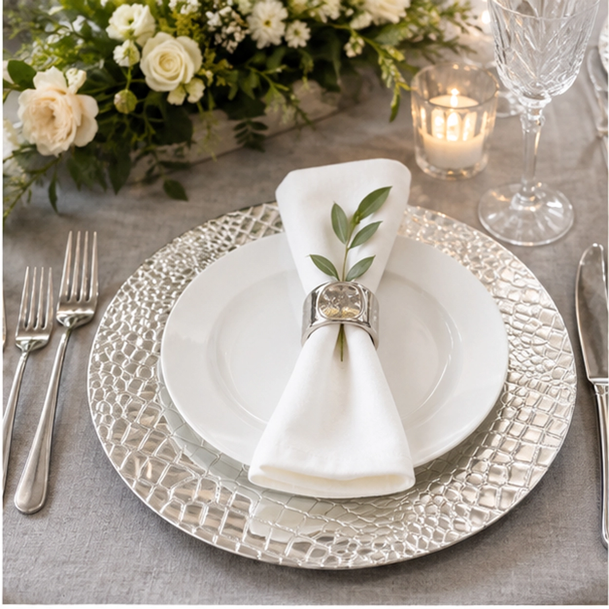 hammered charger plate in wedding reception tablescape