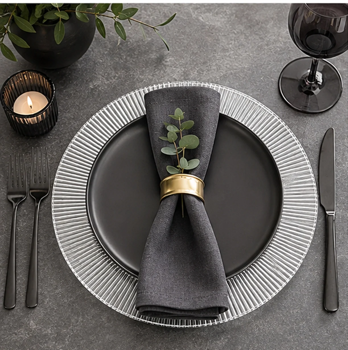 iridescent charger plate in fine dining setting