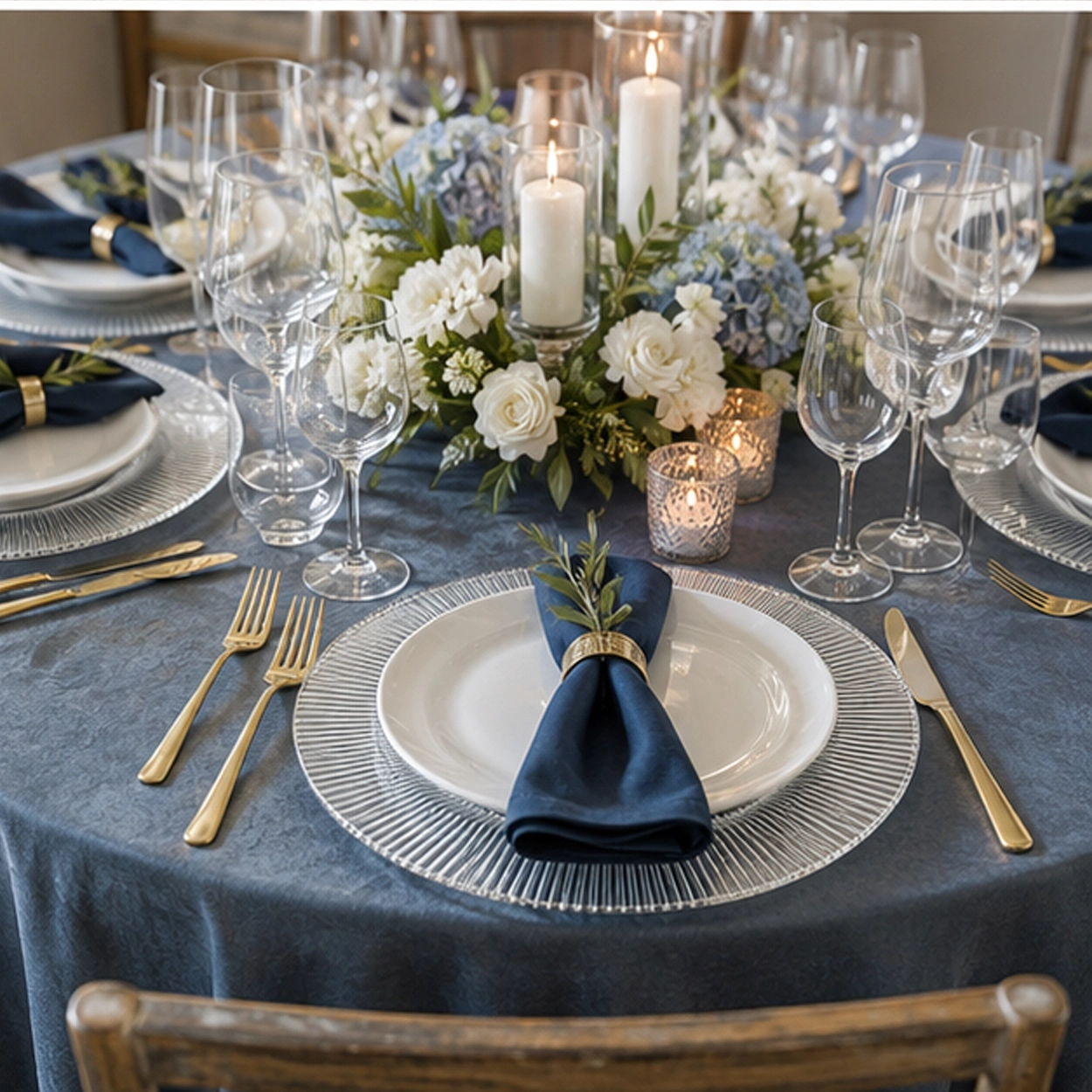 iridescent charger plate in formal event tablescape