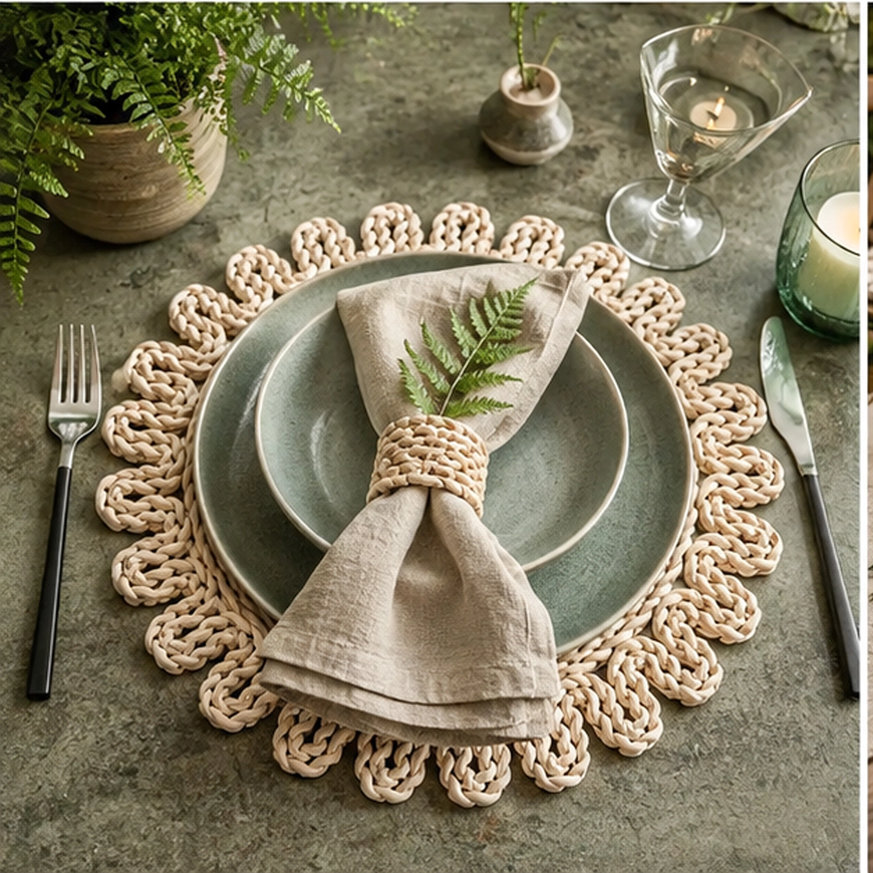 laguna rattan charger plate in fine dining setting