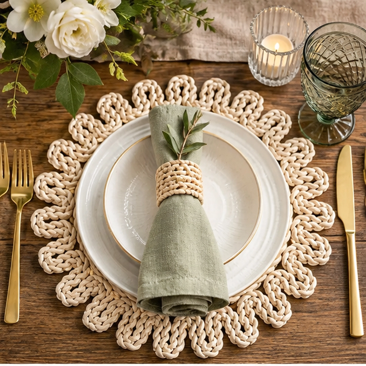laguna rattan charger plate in rustic tablescape