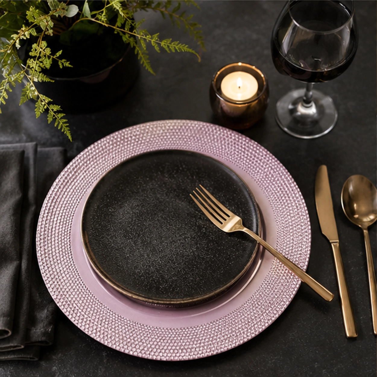 lilac pebble charger plate in elegant dining setting