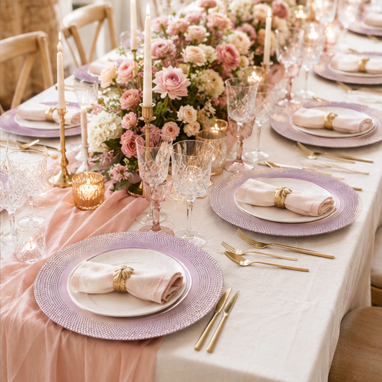 lilac pebble charger plate in formal event tablescape