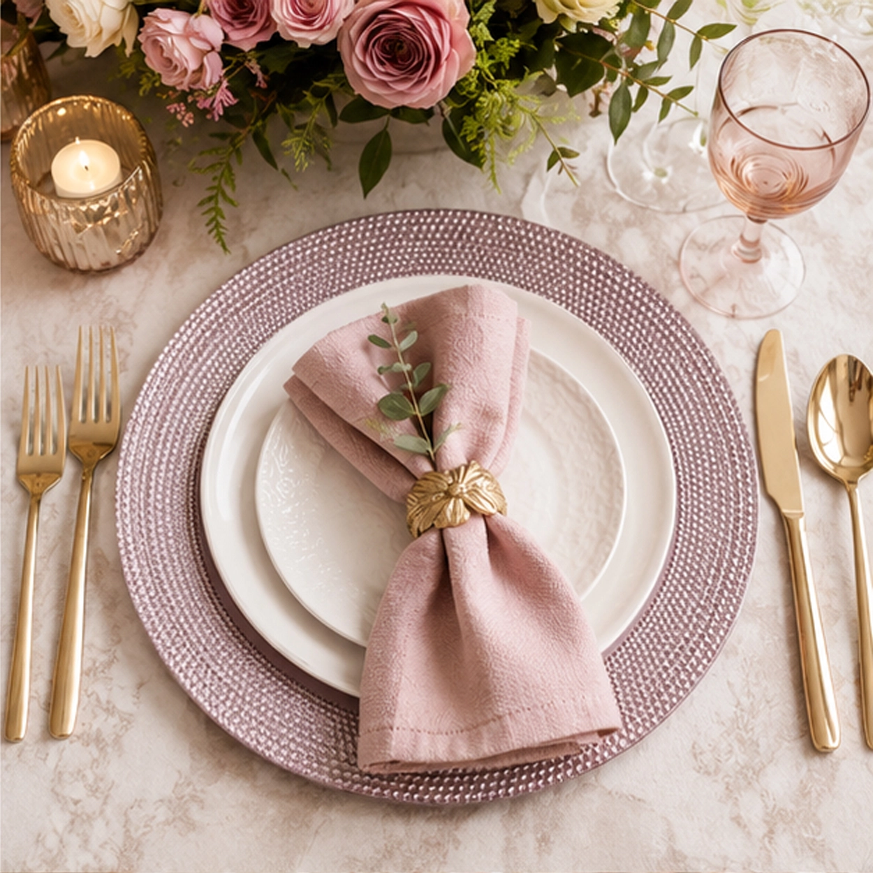 lilac pebble charger plate in white and gold theme table setting