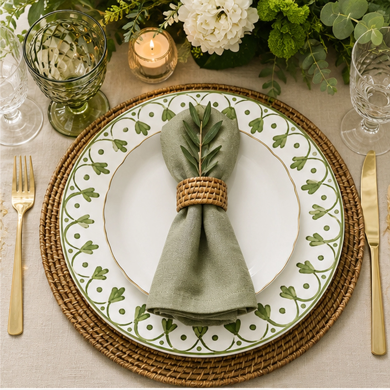 Linea verde charger plate in a wedding reception tablescape