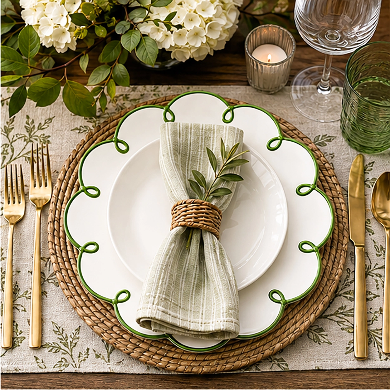 magnolia verde charger plate in a wedding reception tablescape