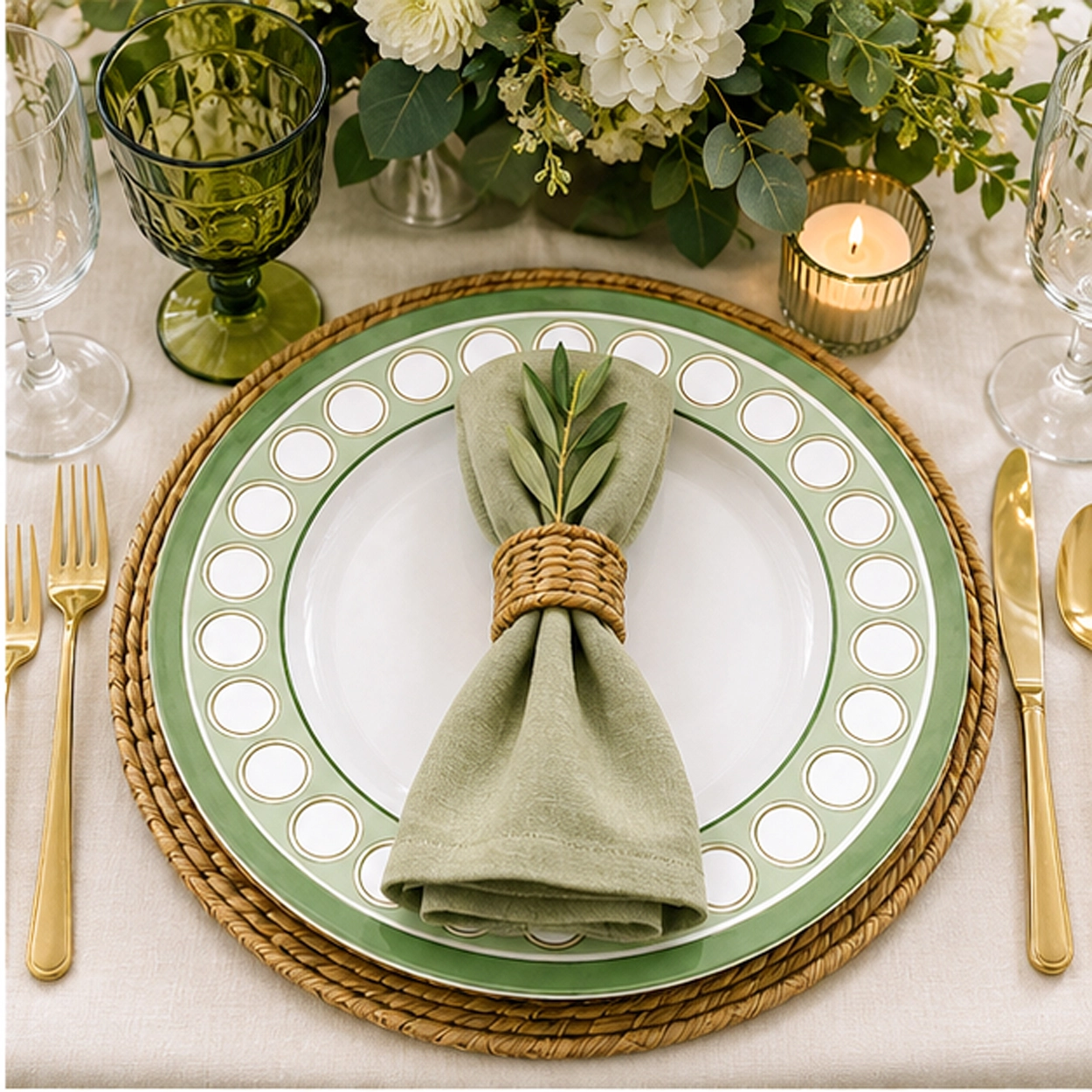 Majestic Verde charger plate in a wedding reception tablescape