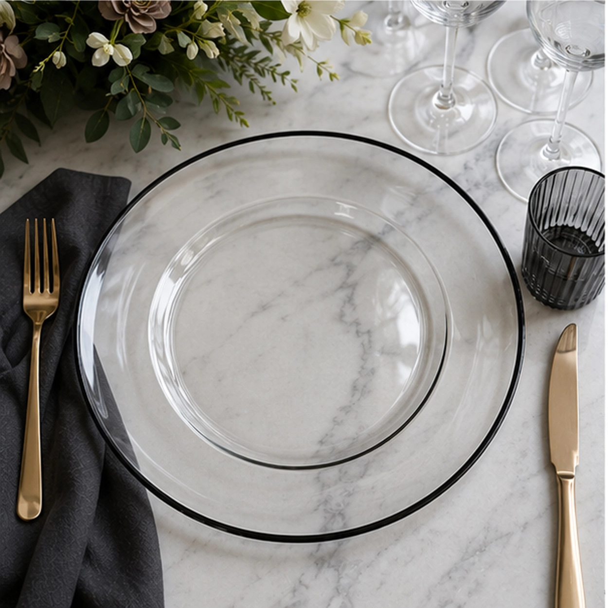 midnight rim charger plate in fine dining setting