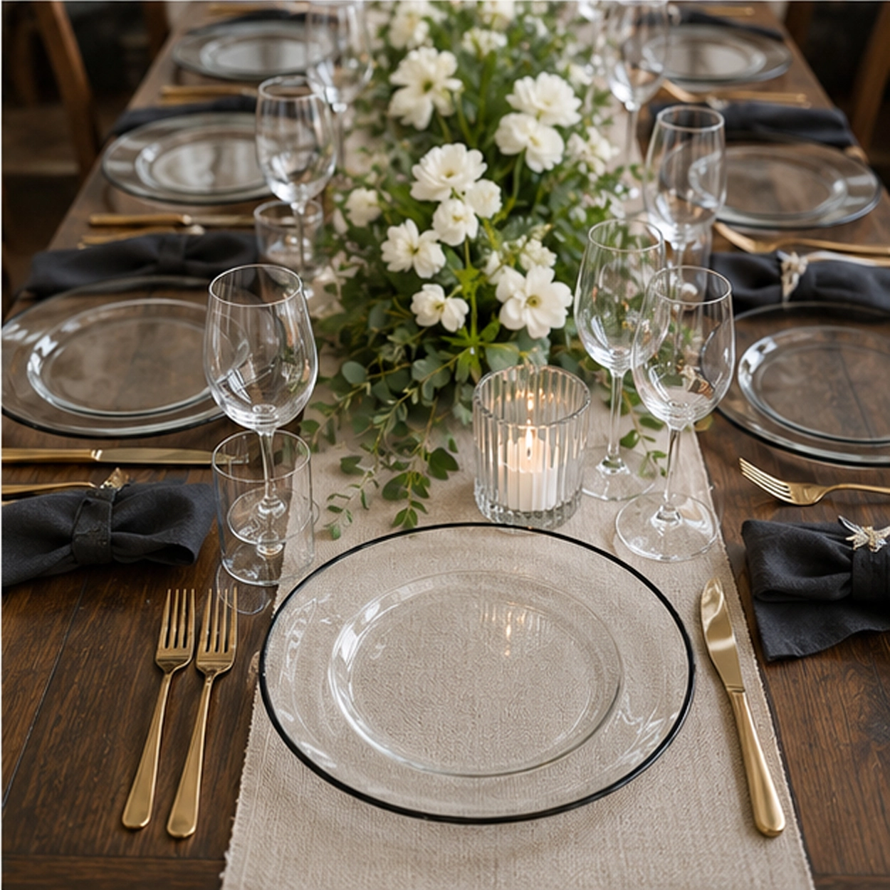 midnight rim charger plate in formal event reception tablescape