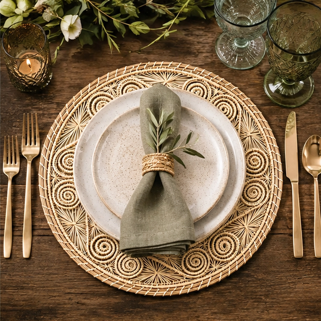 mirage orange charger plate in rustic tablescape