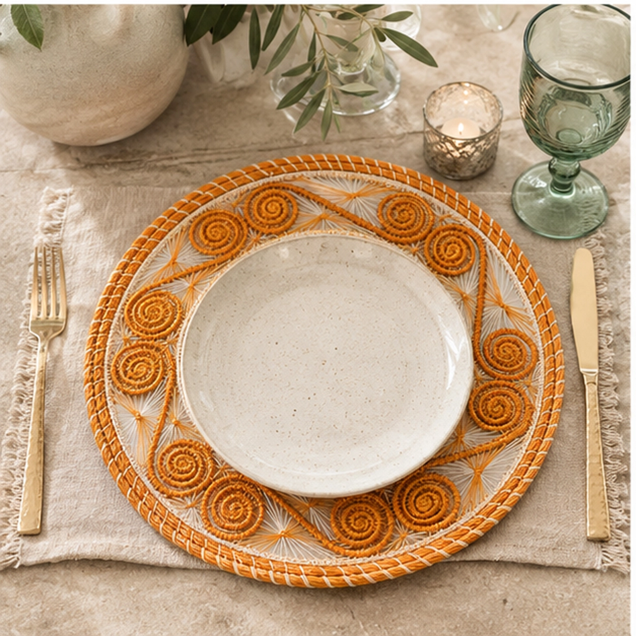 mirage orange charger plate in fine dining setting