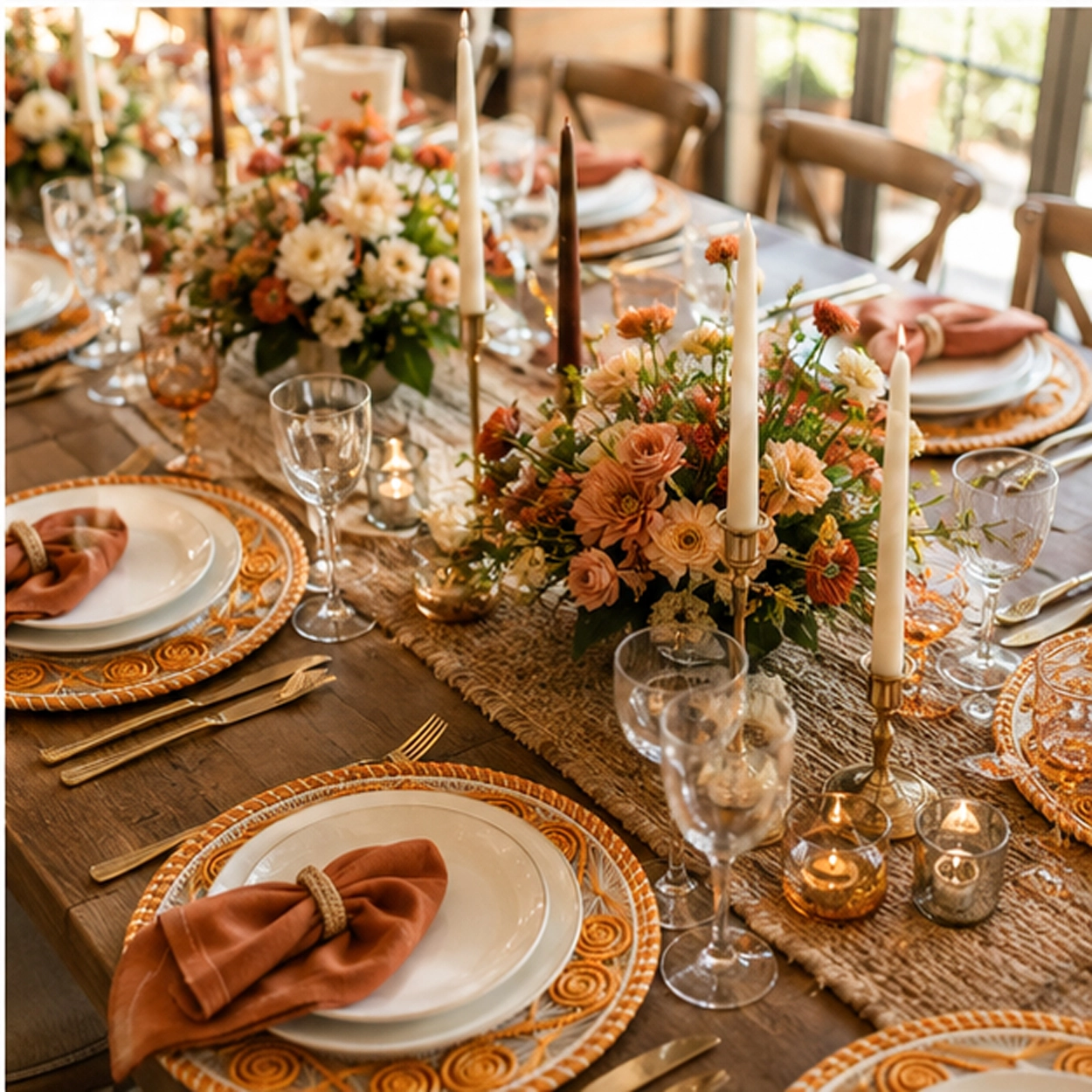 mirage orange charger plate in formal event tablescape