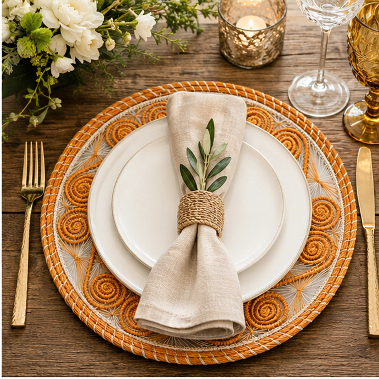 mirage orange charger plate in rustic tablescape