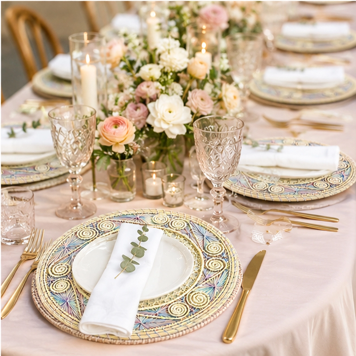 mirage pastel charger plate in formal event tablescape