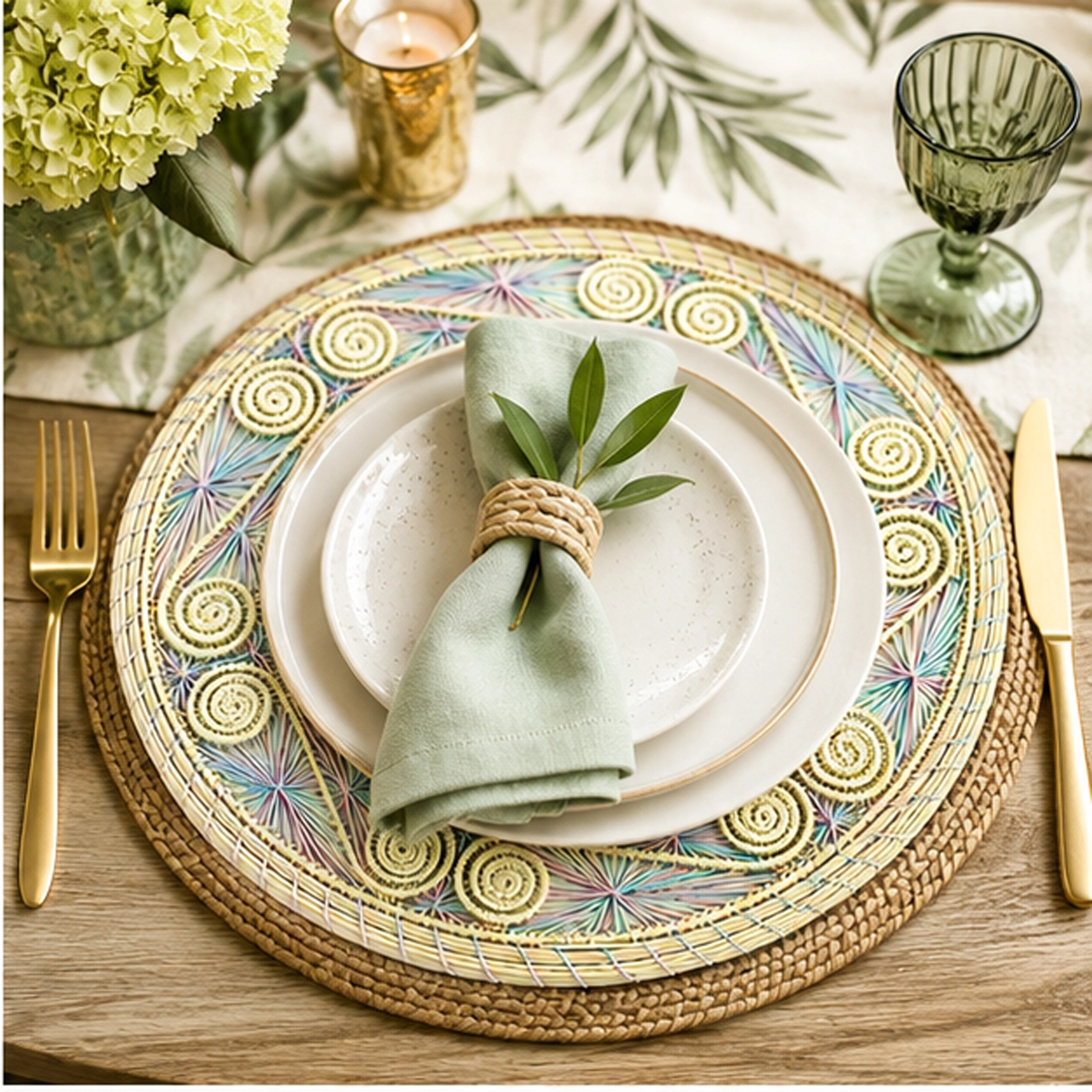 mirage pastel charger plate in rustic tablescape