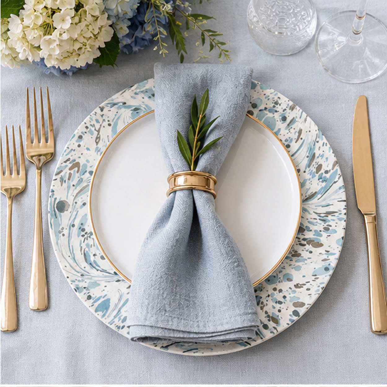 MJ Azure splash charger plate in blue shade table setting
