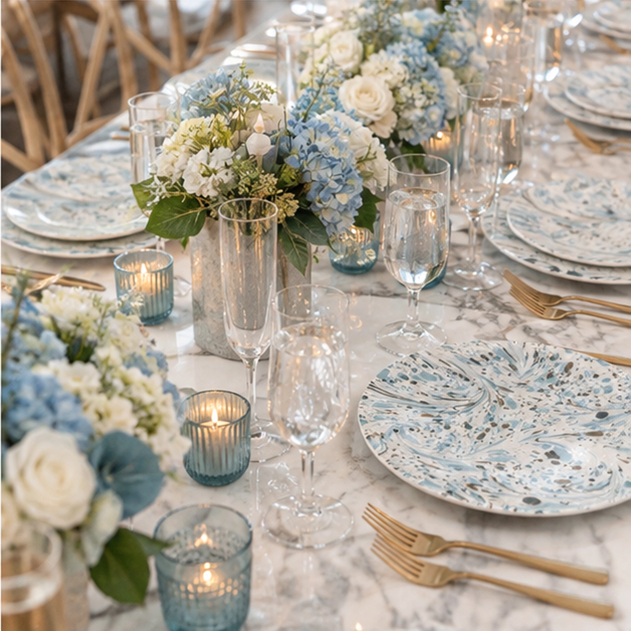 MJ Azure splash charger plate in formal event tablescape