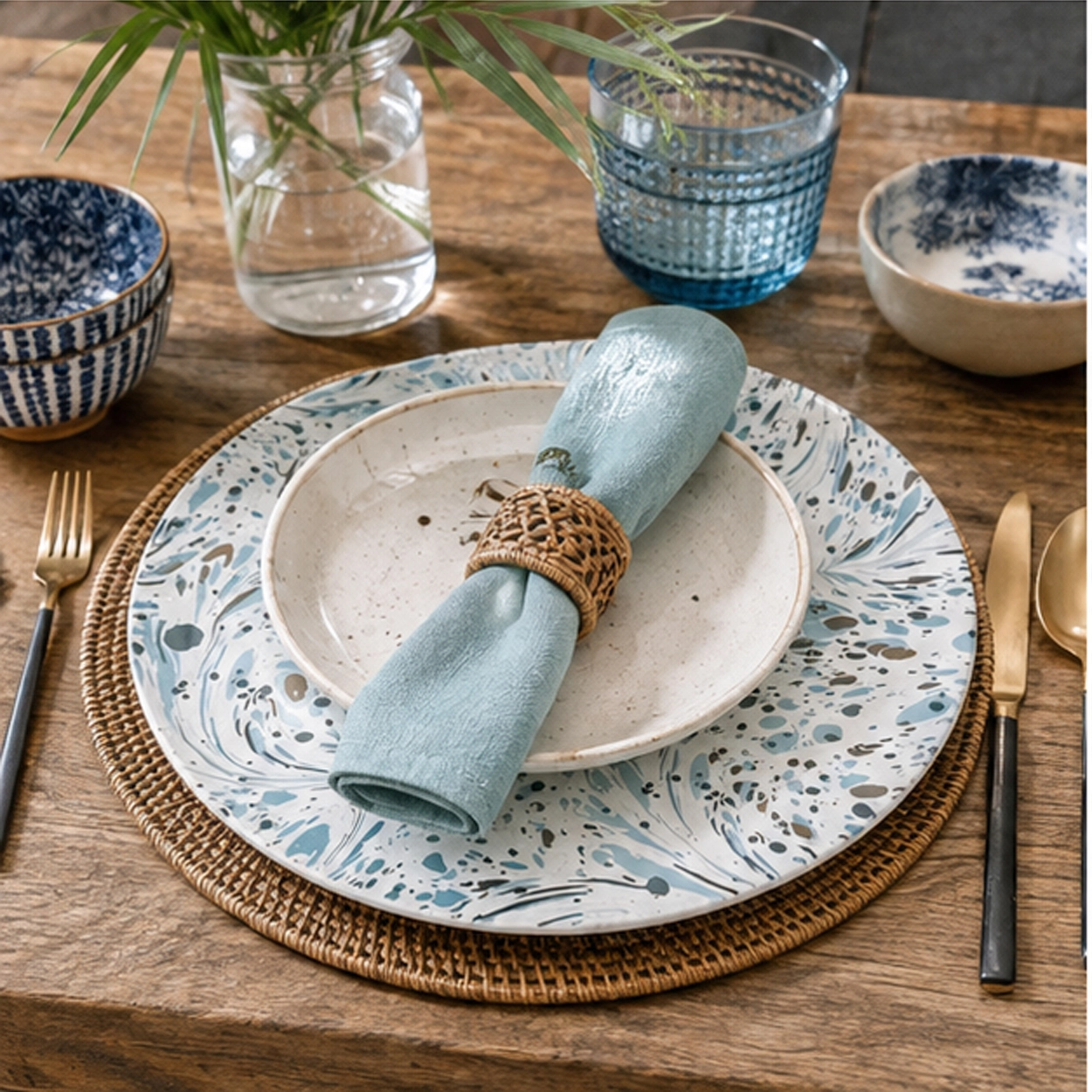 MJ azure splash charger plate in a rustic table setting