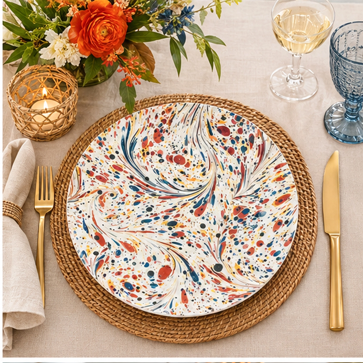 mj earth splash charger plate in a fine dining setting