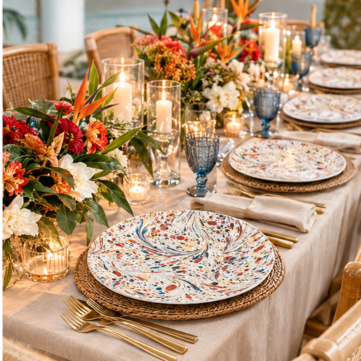 mj earth splash charger plate in a formal event tablescape