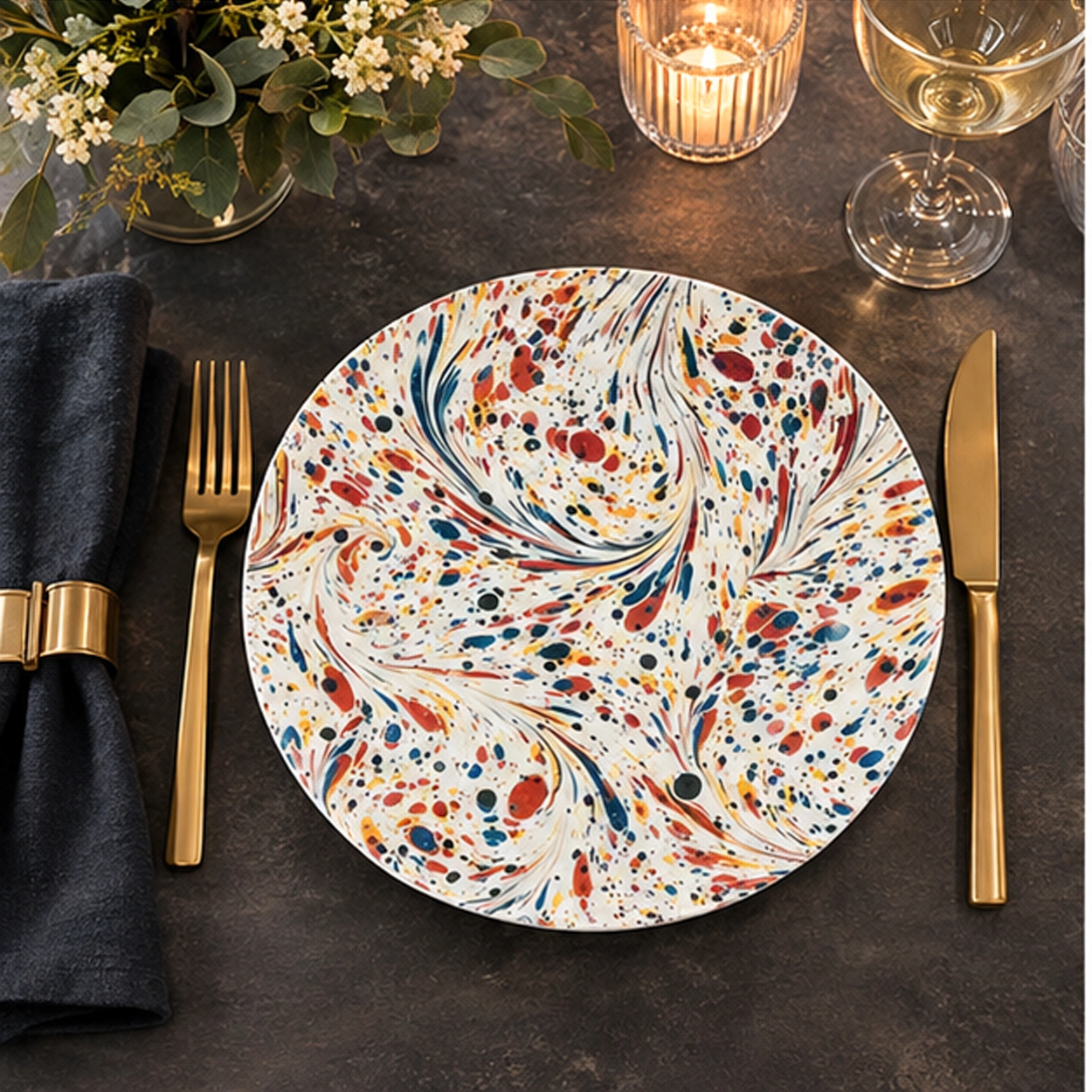 mj earth splash charger plate in rustic table setting