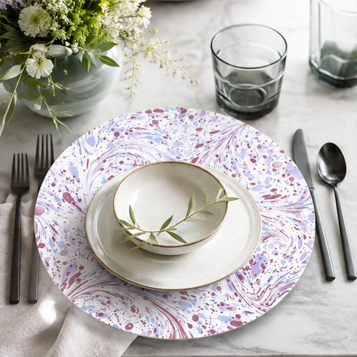 mj purple splash charger plate in elegant dining setting