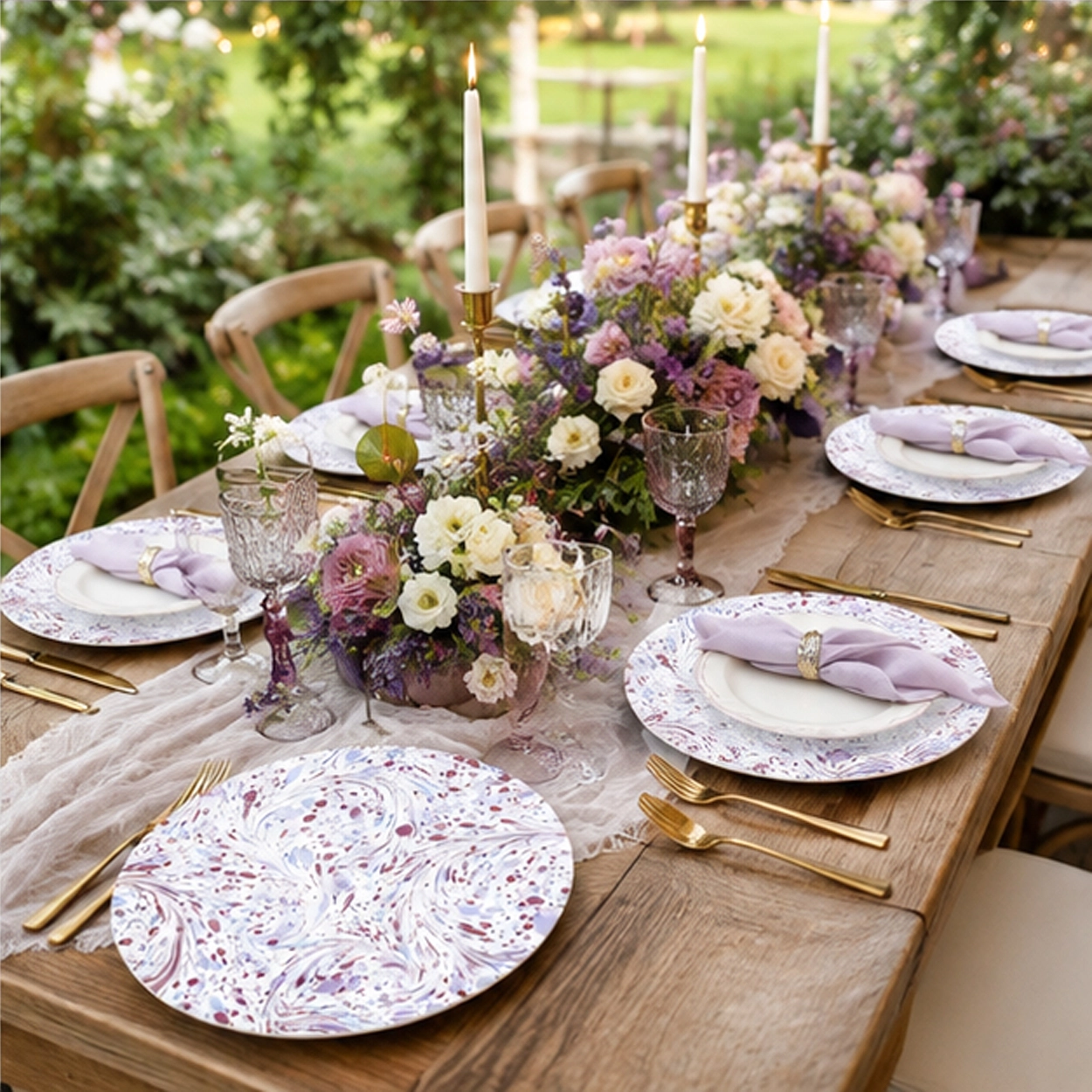 mj purple splash charger plate in formal event tablescape