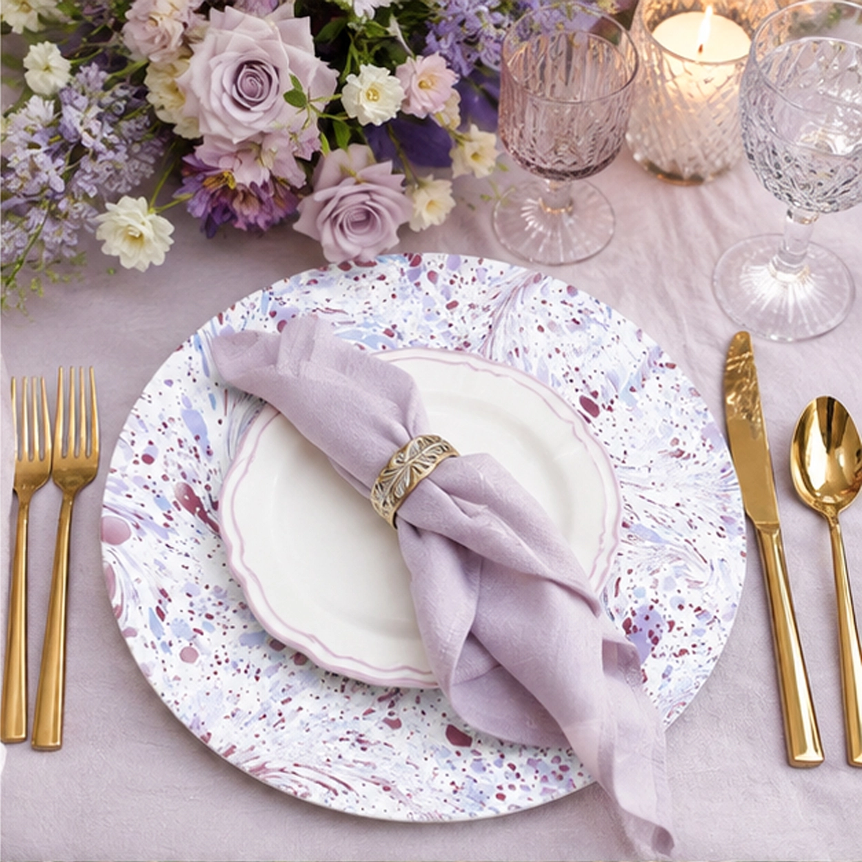mj purple splash charger plate in light purple and gold table setting
