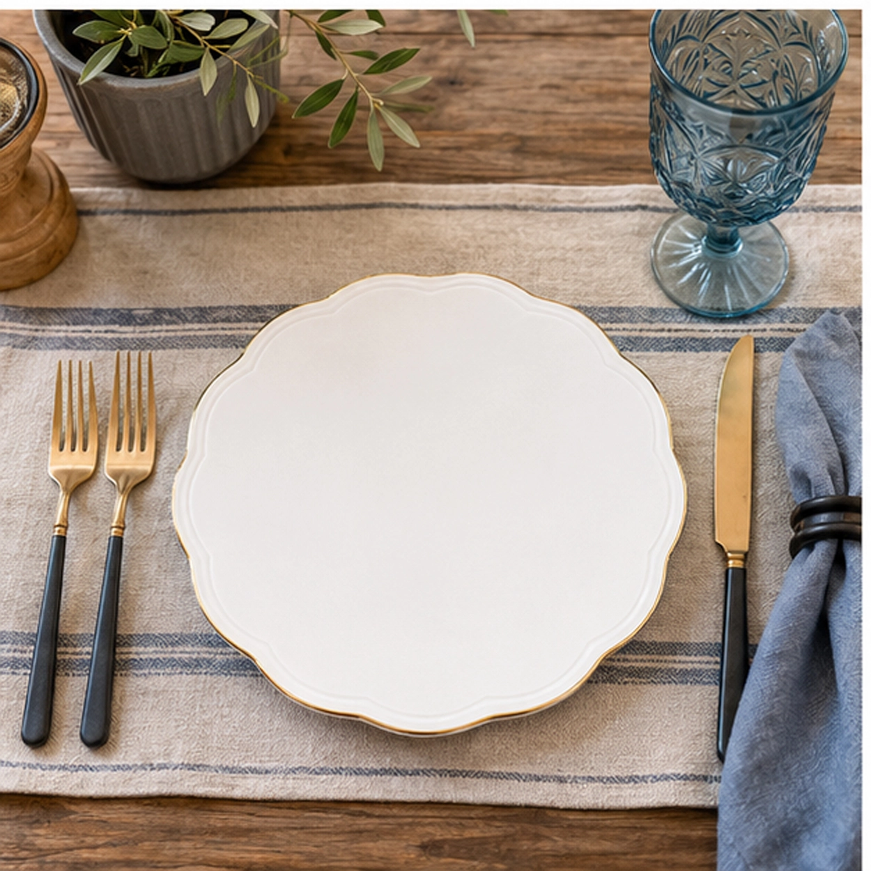 monte carlo gold rim charger plate in fine dining setting