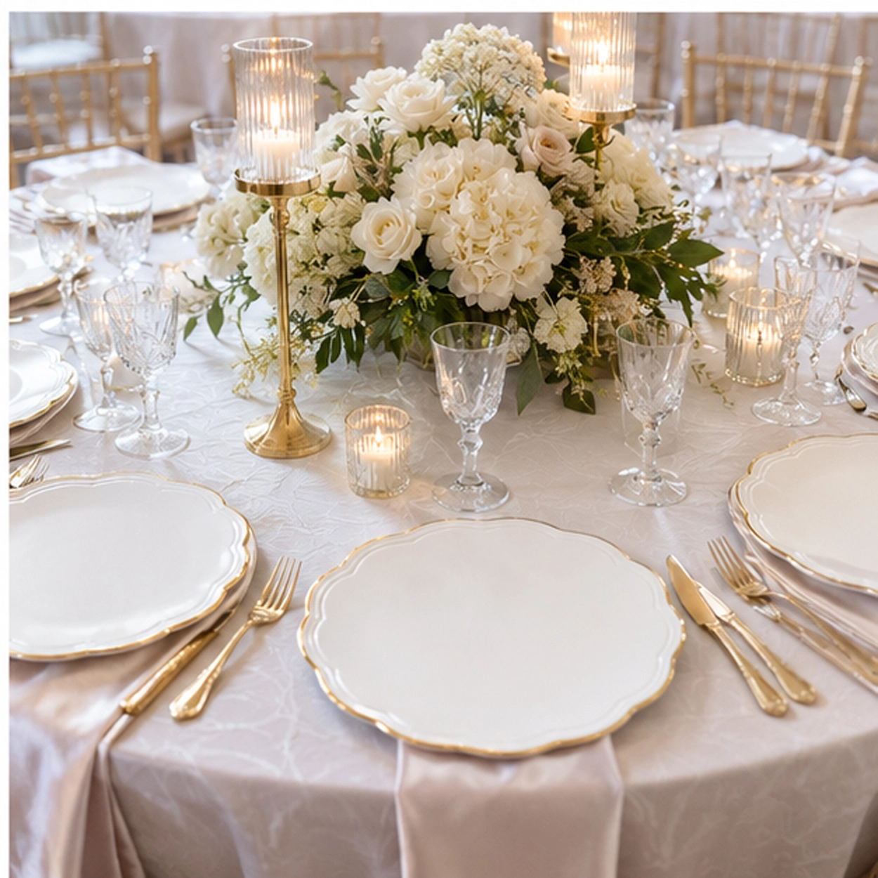 monte carlo gold rim charger plate in formal event tablescape