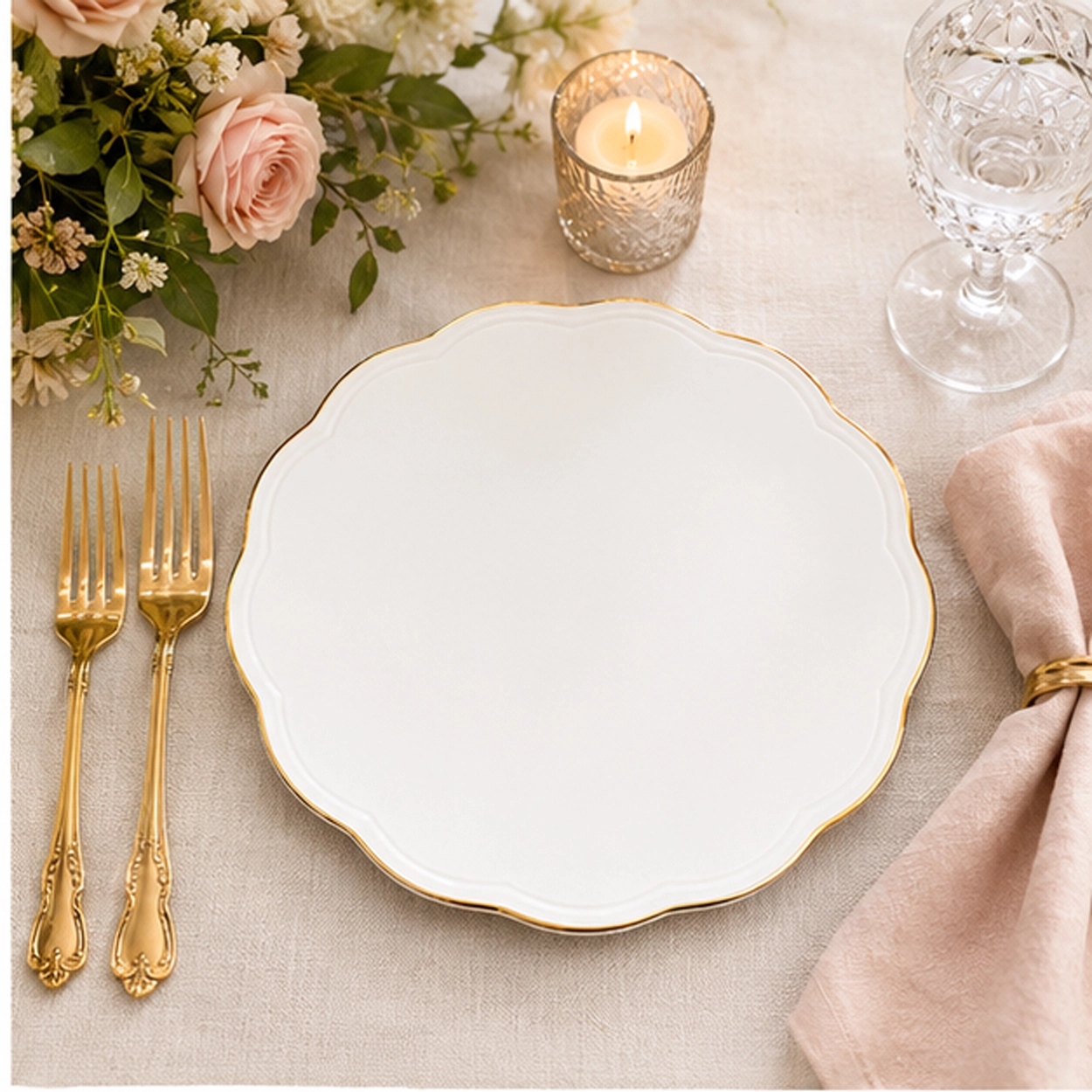 monte carlo gold rim charger plate in wedding reception tablescape