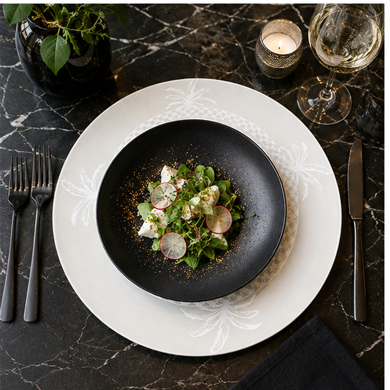 neutral palm beach charger plate in a fine dining setting