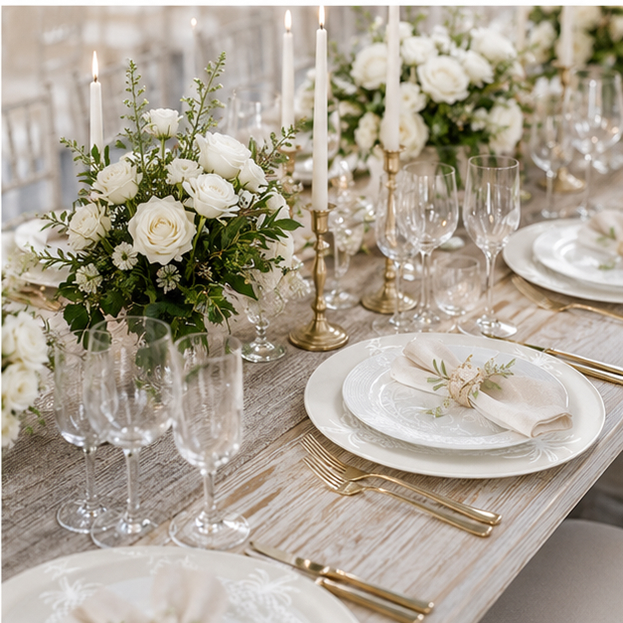 neutral palm beach charger plate in a formal event tablescape
