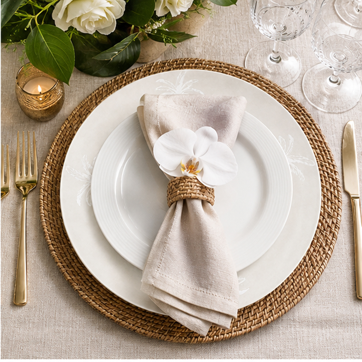 neutral palm beach charger plate in a wedding reception tablescape