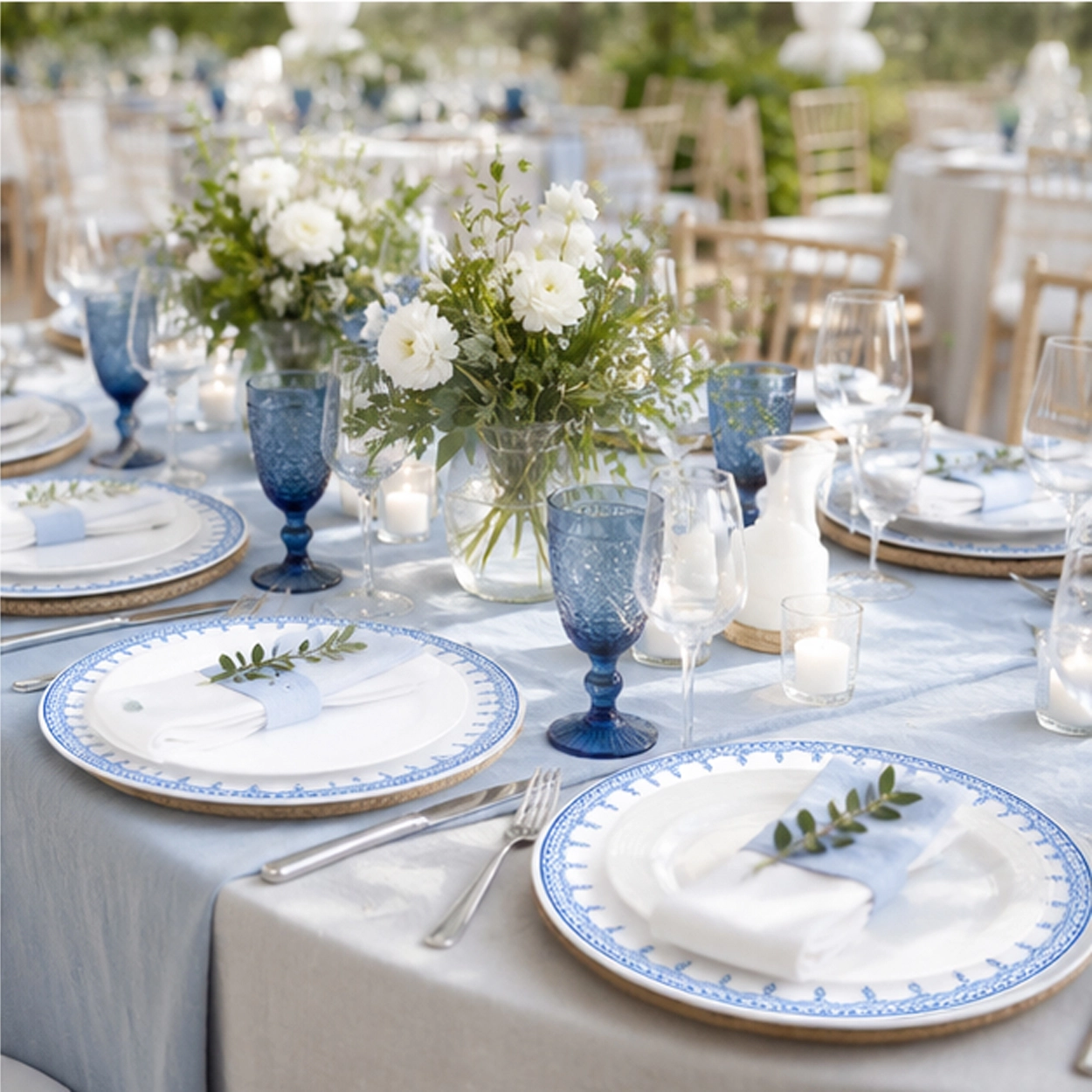 noble azure charger plate in a formal event tablescape