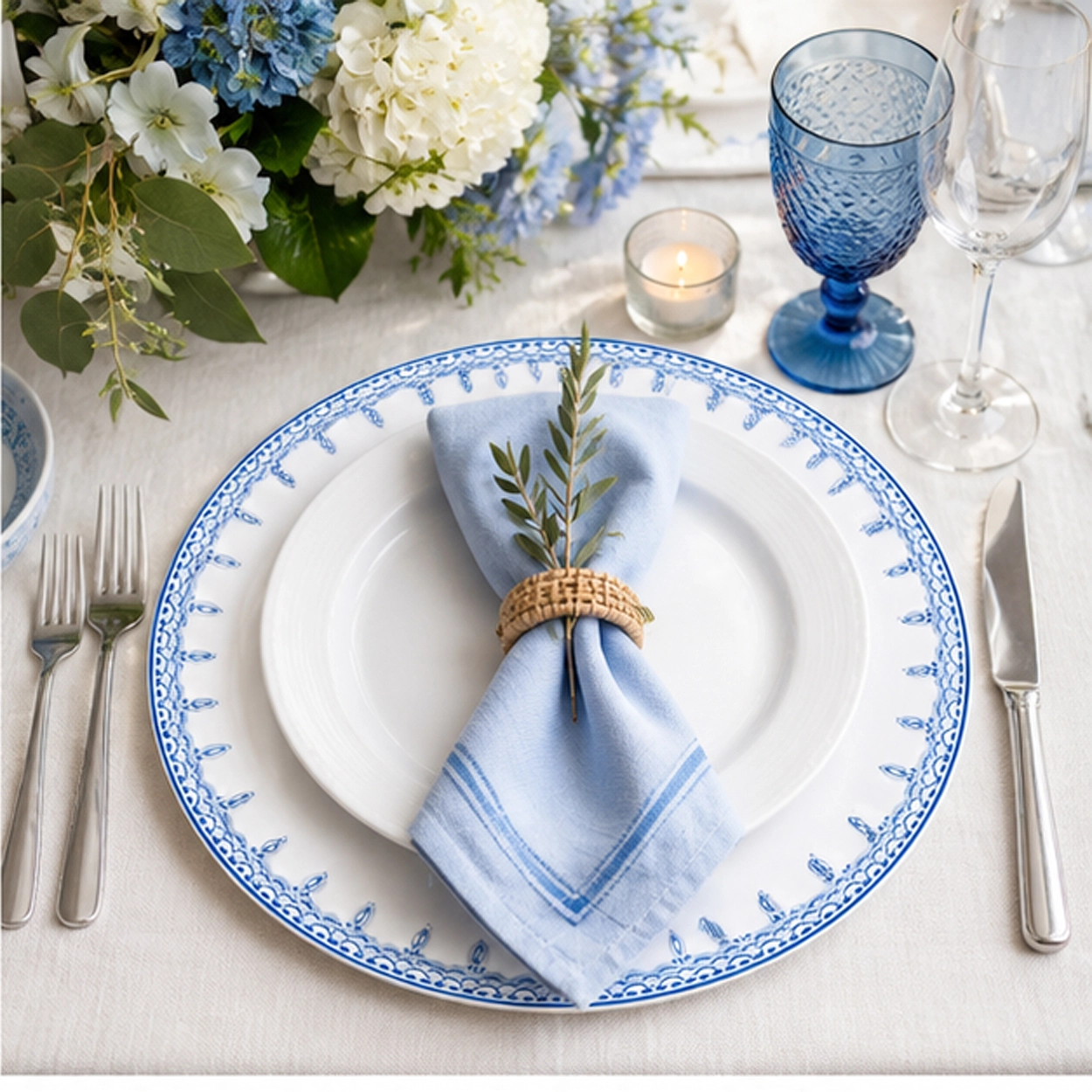 noble azure charger plate in a wedding reception tablescape
