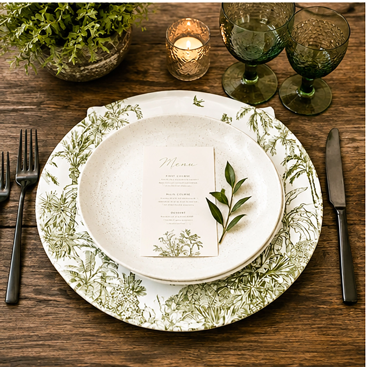 palm beach sage charger plate in a fine dining setting