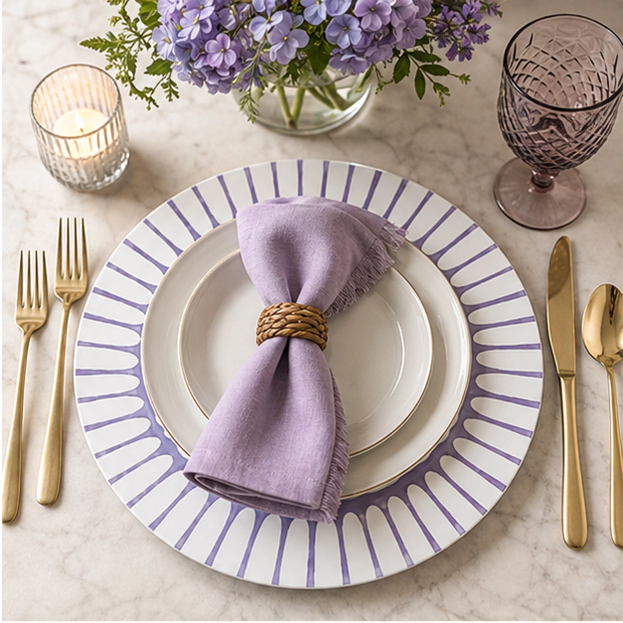 palmera purple charger plate in fine dining setting