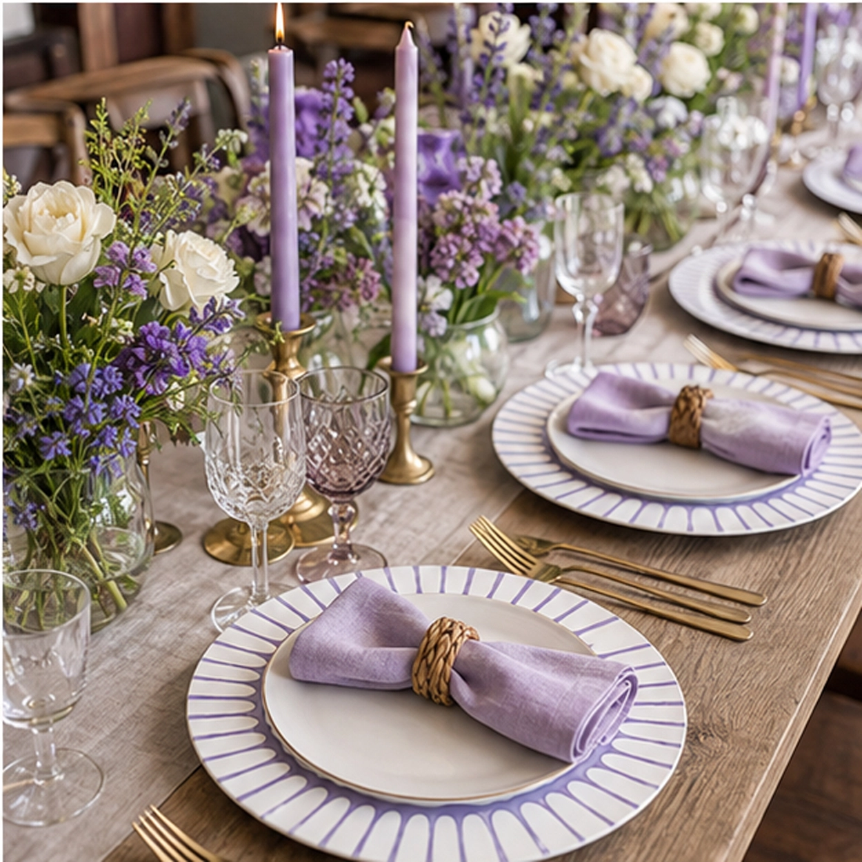 palmera purple charger plate in a formal event tablescape