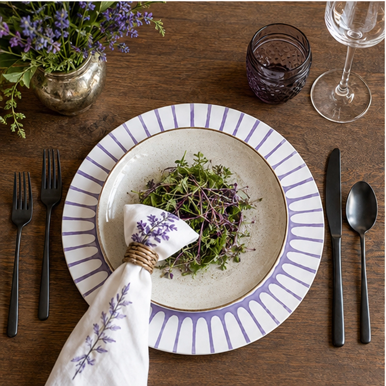 palmera purple charger plate in a table setting