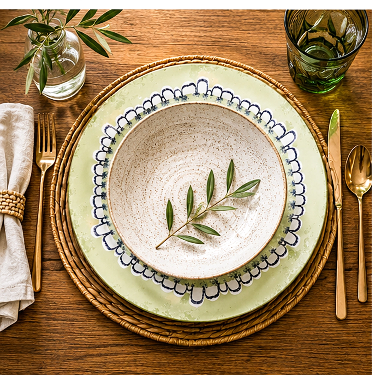 panna verde charger plate in a fine dining setting