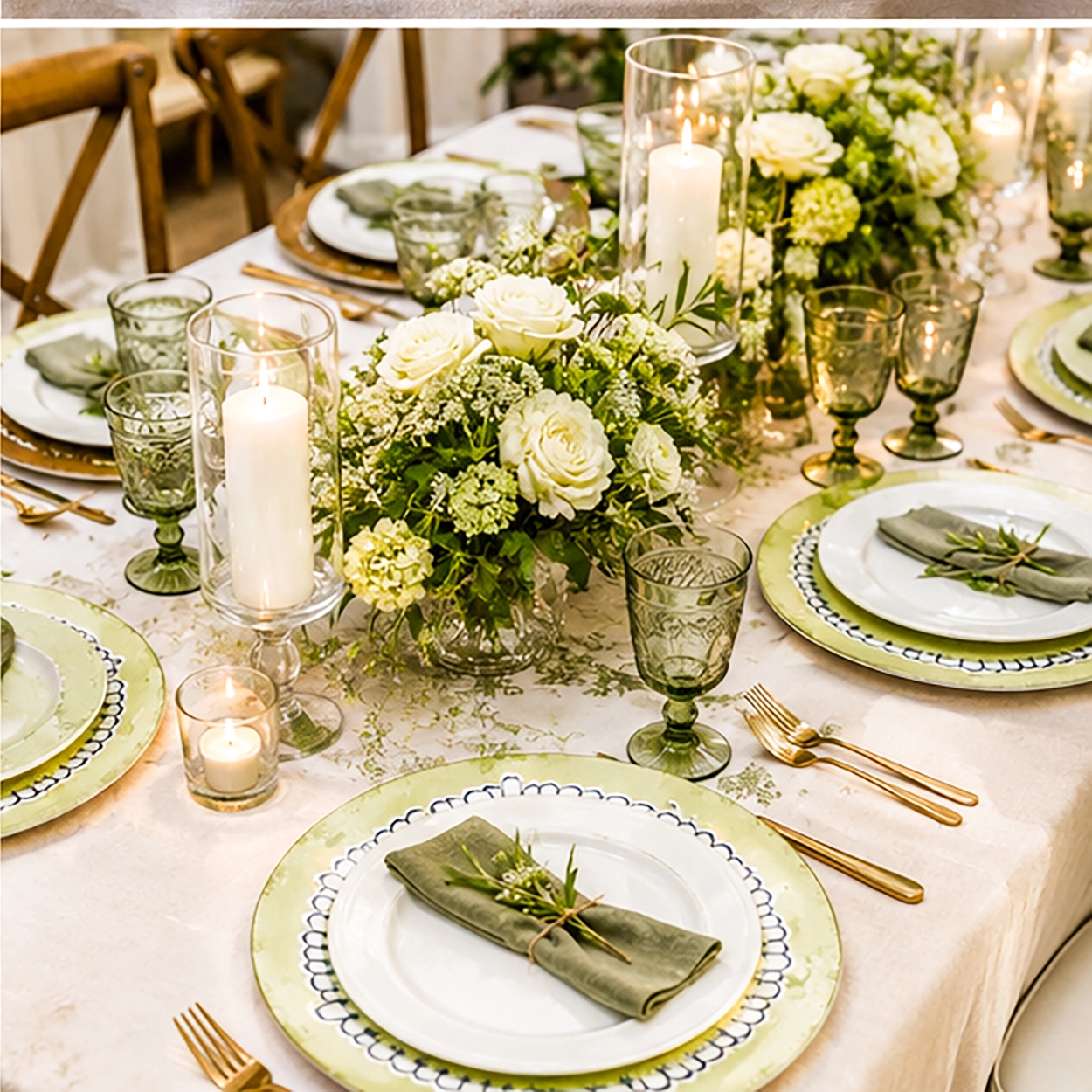 panna verde charger plate in a formal event tablescape
