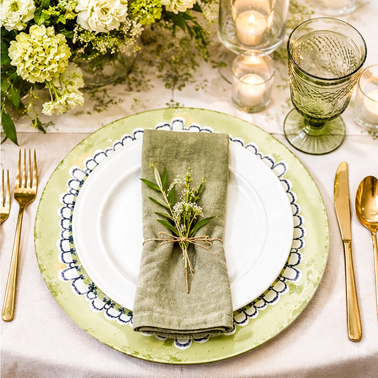 panna verde charger plate in a wedding reception tablescape